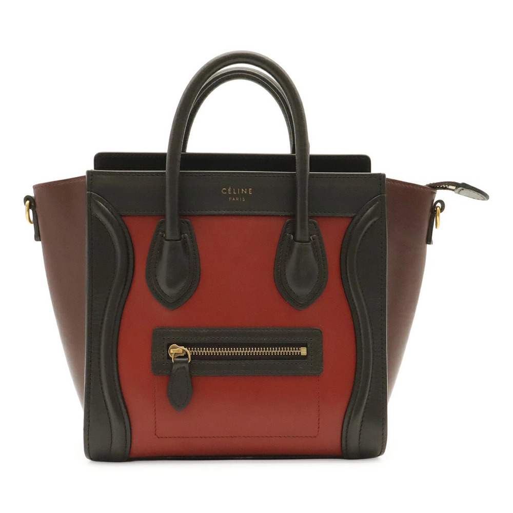 Celine Luggage Tote Shopper Handbag Leather Dark Brown Red Strap